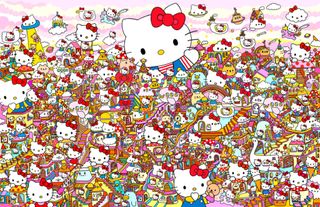 A busy image of a Hello Kitty style cityscape.