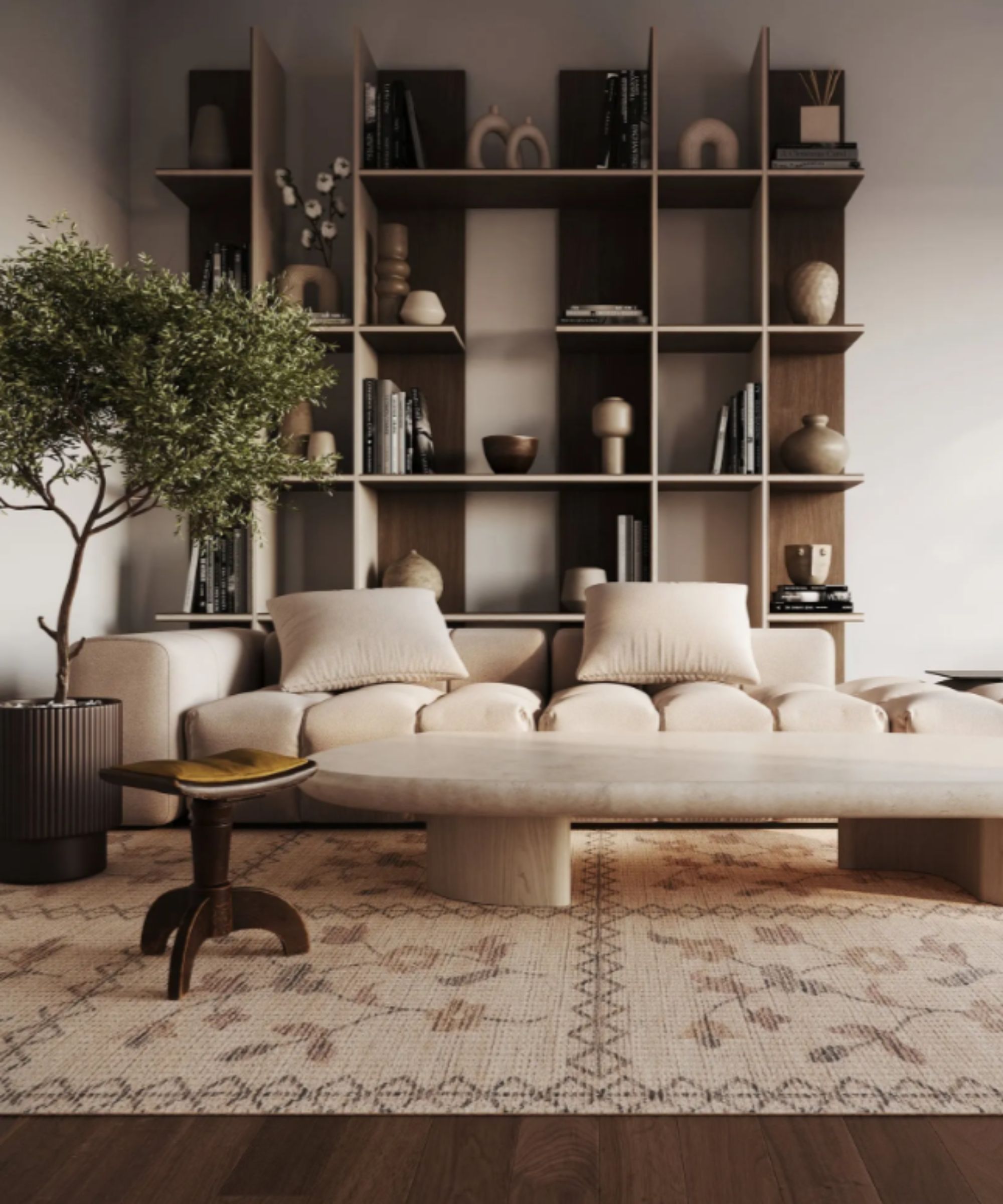 modern living room with modular walnut open shelving, a neutral cloud sofa, low stone cofee table, and a neutral weave rug with a floral print