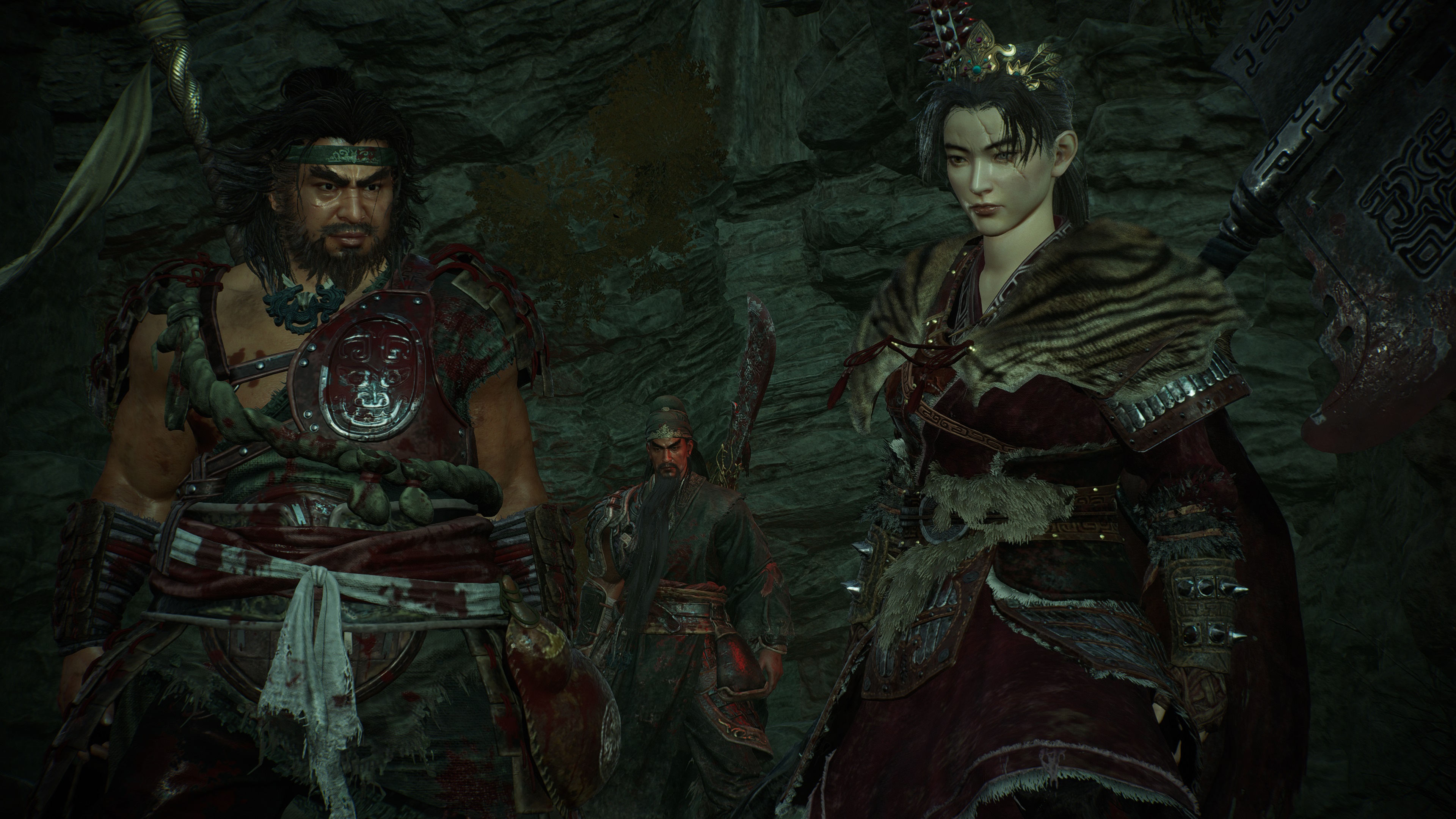 Внутриигровой скриншот Wo Long: Fallen Dynasty, на котором игрок стоит рядом с союзниками-неигровыми персонажами, сделанный в режиме фотосъемки.