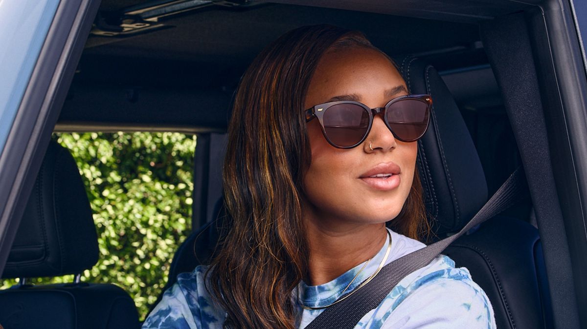 A person wearing the Amazon Echo Frames smart glasses