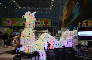 A dragon made of Laser Pegs LED light-up blocks was on display in the lobby at Toy Fair 2013.