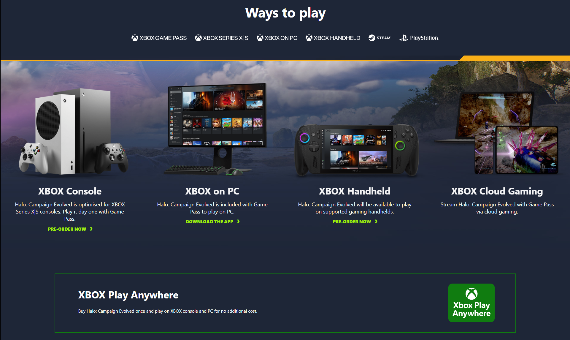 Xbox Store "Ways to play" section showing Xbox Game Pass, Xbox Series X|S, Xbox on PC, Xbox Handheld, Steam, and PlayStation support for Halo: Campaign Evolved.