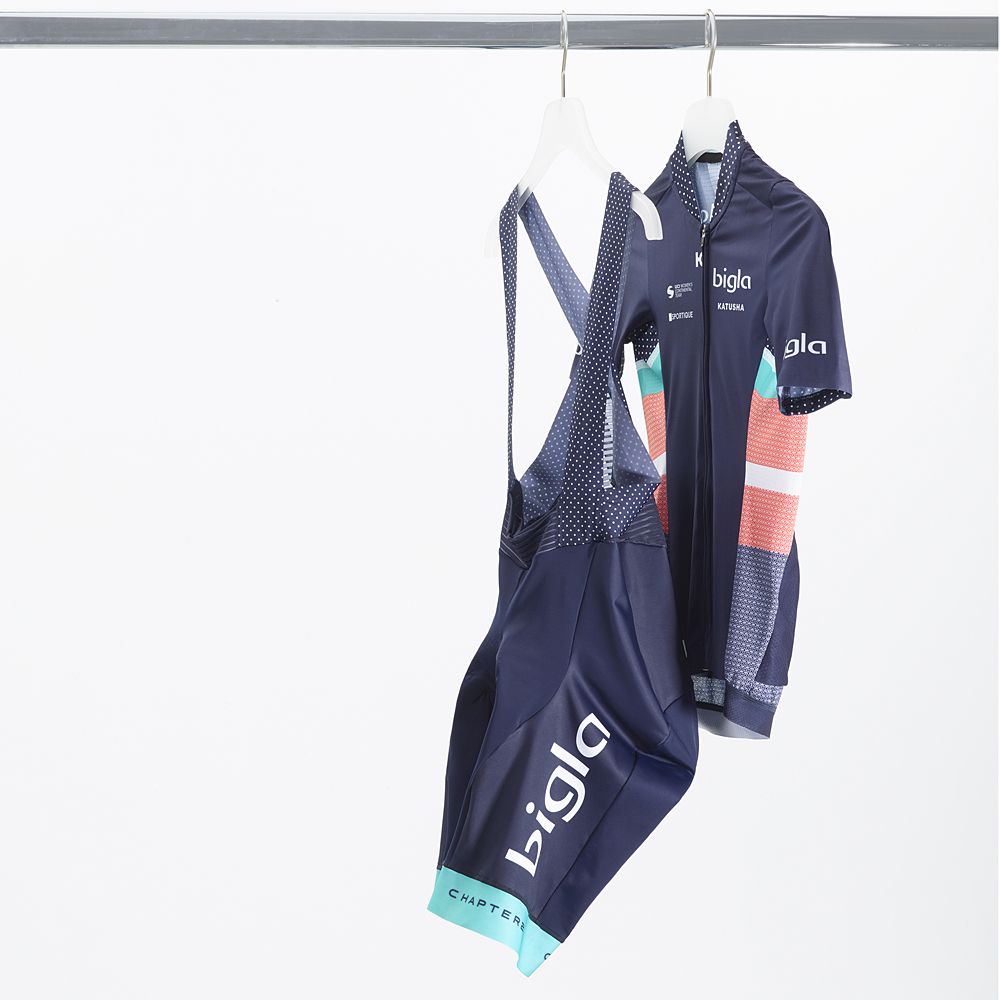 Bigla-Katusha 2020 team kit - all new nave blue and salmon mixed with traditional aqua colours
