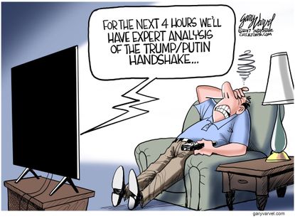 Political cartoon U.S. Trump Putin handshake news cycle media coverage