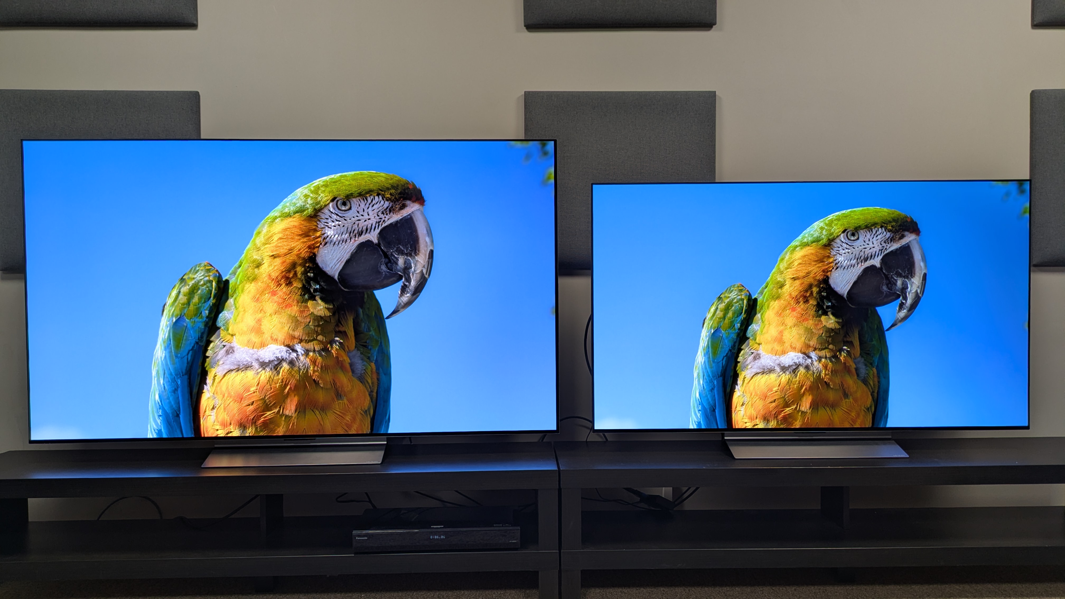 LG C6 (left) and LG C5 (right) OLED TVs showing a yellow parrot on screen. Both TVs show excellent color reproduction, but the C6's colors are brighter and more natural 