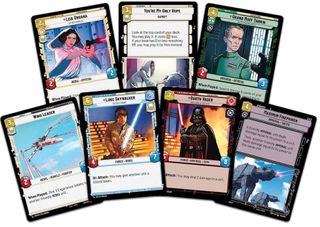 seven star wars playable trading cards, seen against a white background