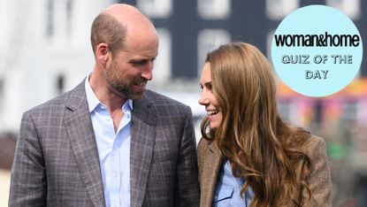 Prince William and Kate look at each other during a tour of an artisan market on April 29 in Tobermory, Scotland, with a Quiz of the Day roundel over the top