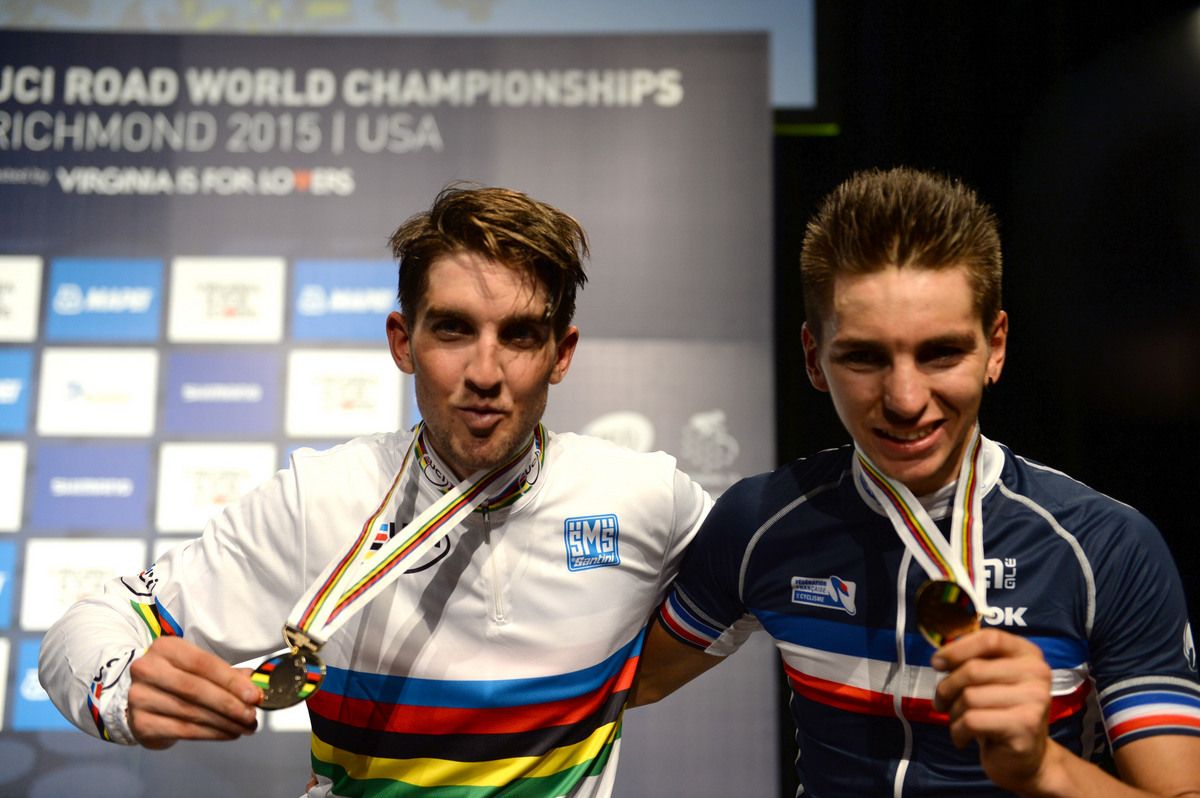 Kevin Ledanois with Anthony Turgis after the duo won gold and bronze respectively