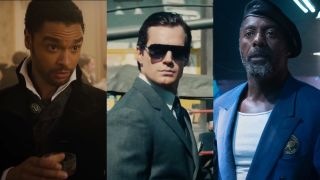 Regé-Jean Page in Bridgerton, Henry Cavill in The Man From UNCLE, and Idris Elba in The Suicide Squad, pictured side by side. 