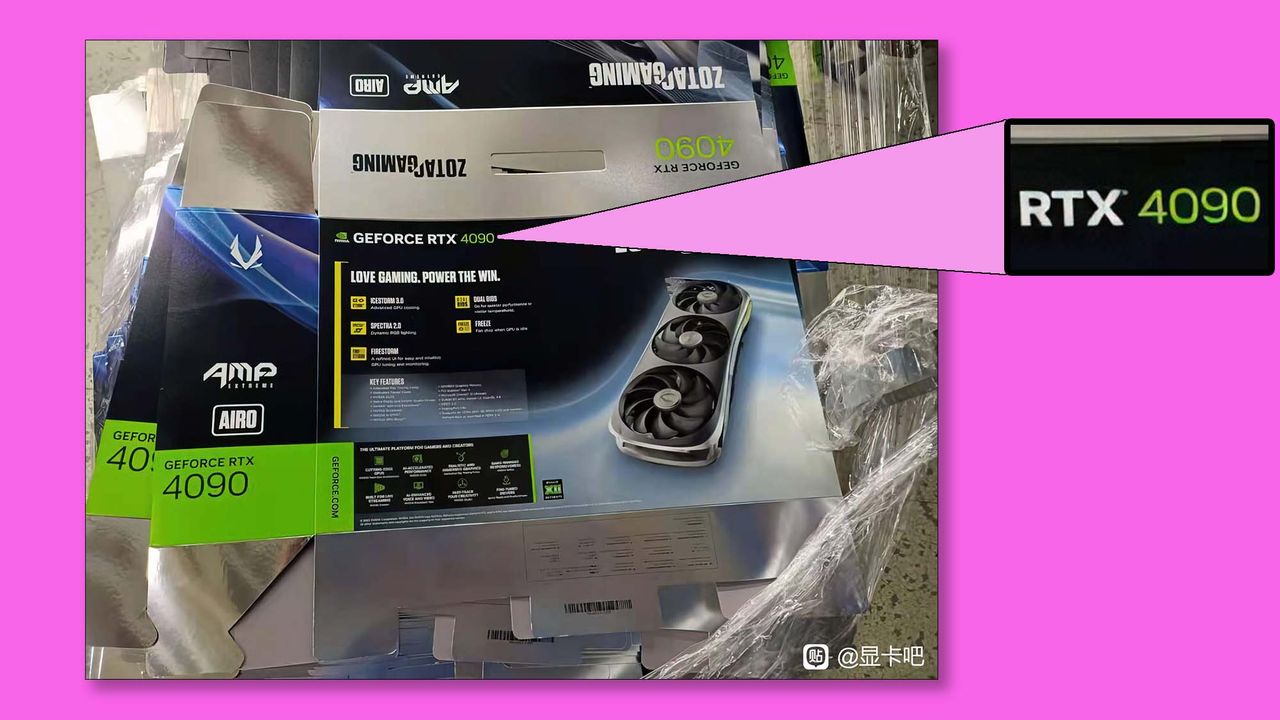 A purported RTX 4090 retail packaging, with a highlight of the thinner numbers in the Nvidia RTX branding