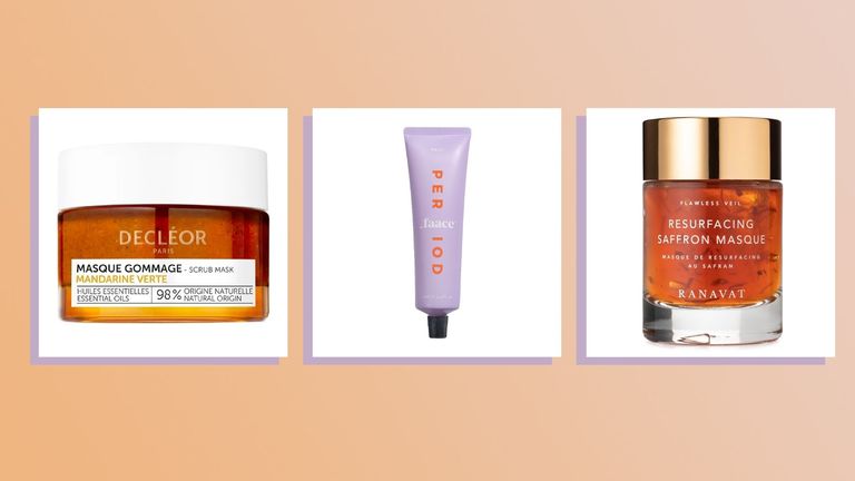 Three of the best face masks by decleor, faace and ranavat on a peach backdrop
