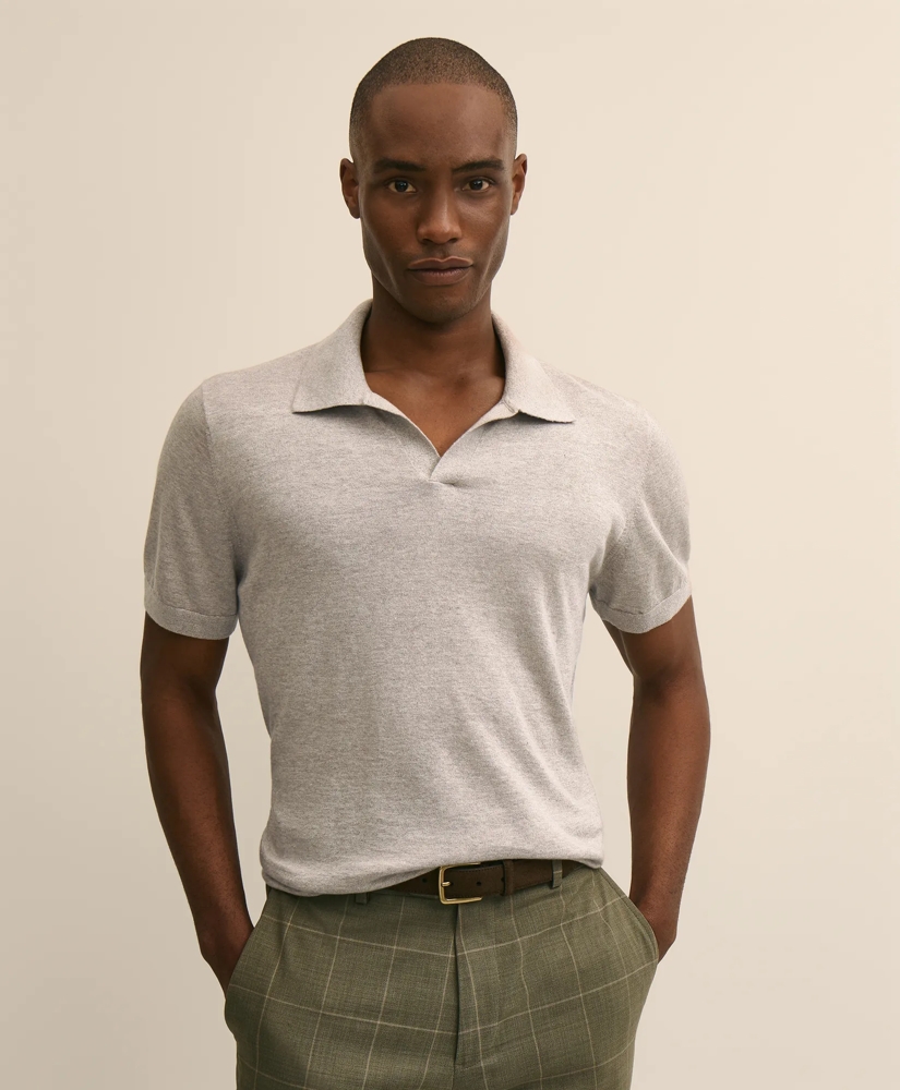 Linen-Cotton-Cashmere Short-Sleeve Moulin&eacute; Johnny Collar Sweater