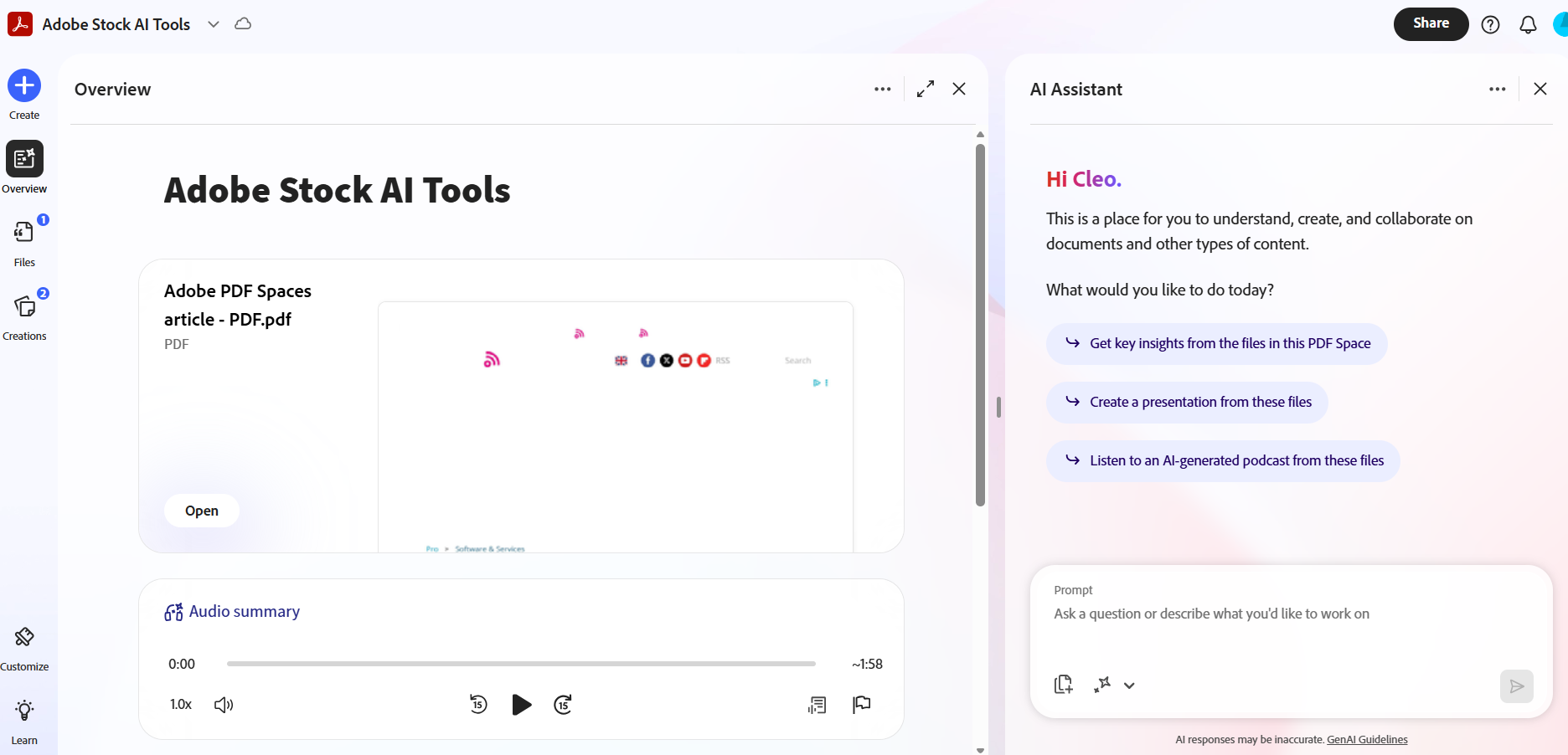 PDF spaces tool - presentation in progress