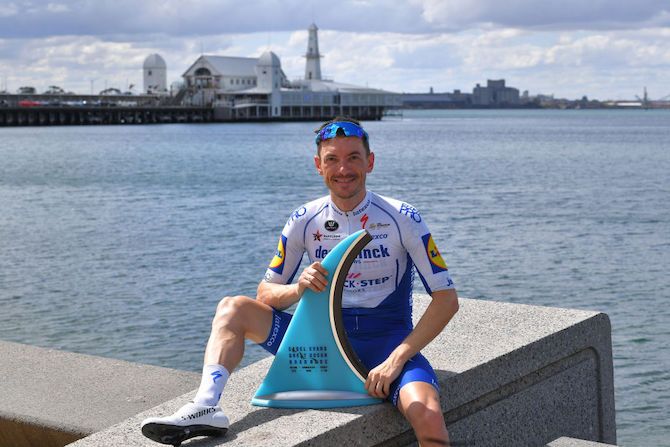 Dries Devenyns (Deceuninck-QuickStep) with his winner&rsquo;s trophy