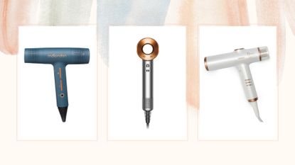 Collage of three of the quietest hair dryers included in this guide from Mdlondon, Dyson, and Beauty Works
