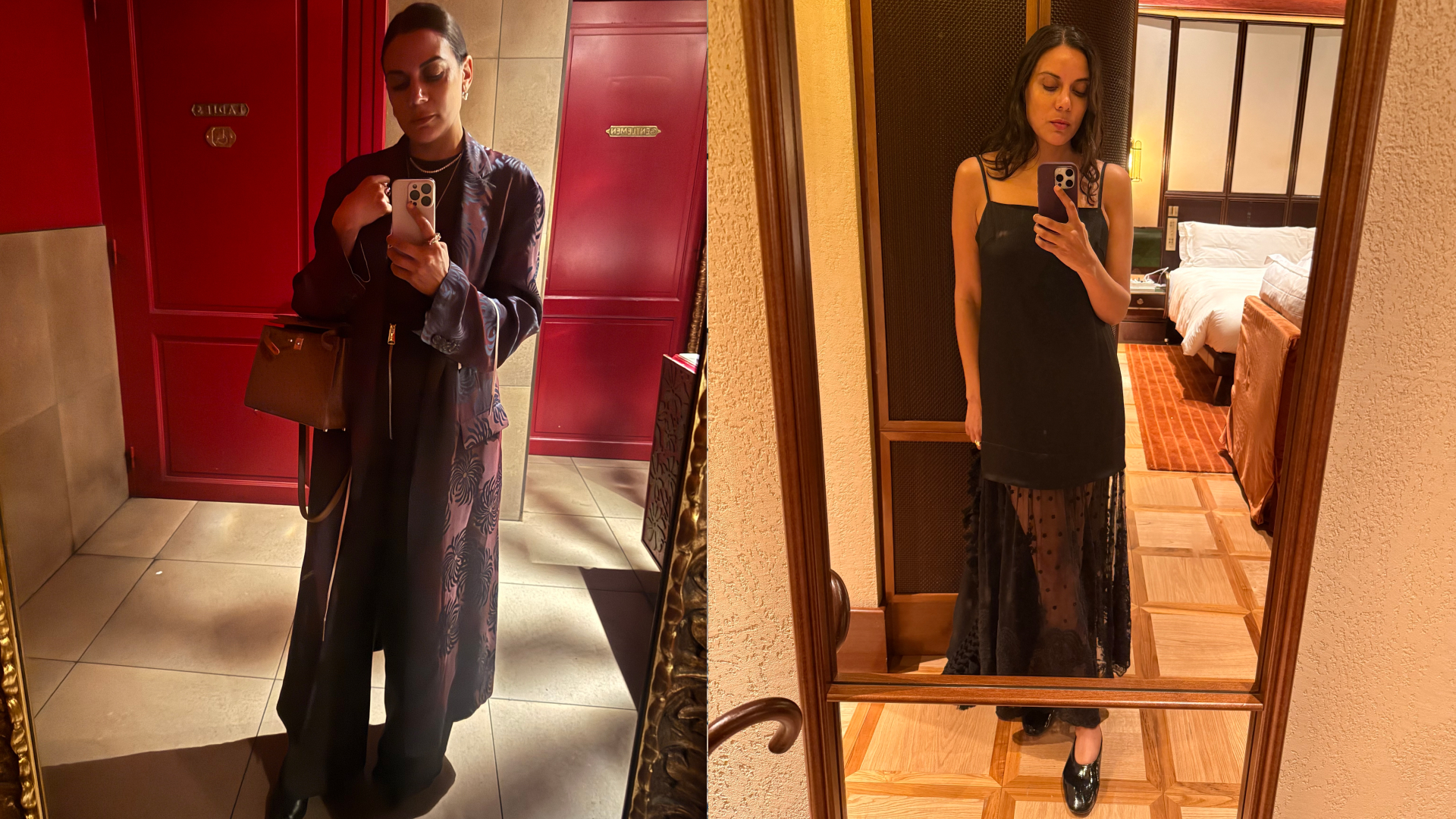 two images of Noora Raj Brown taking photos of her outfits in mirrors