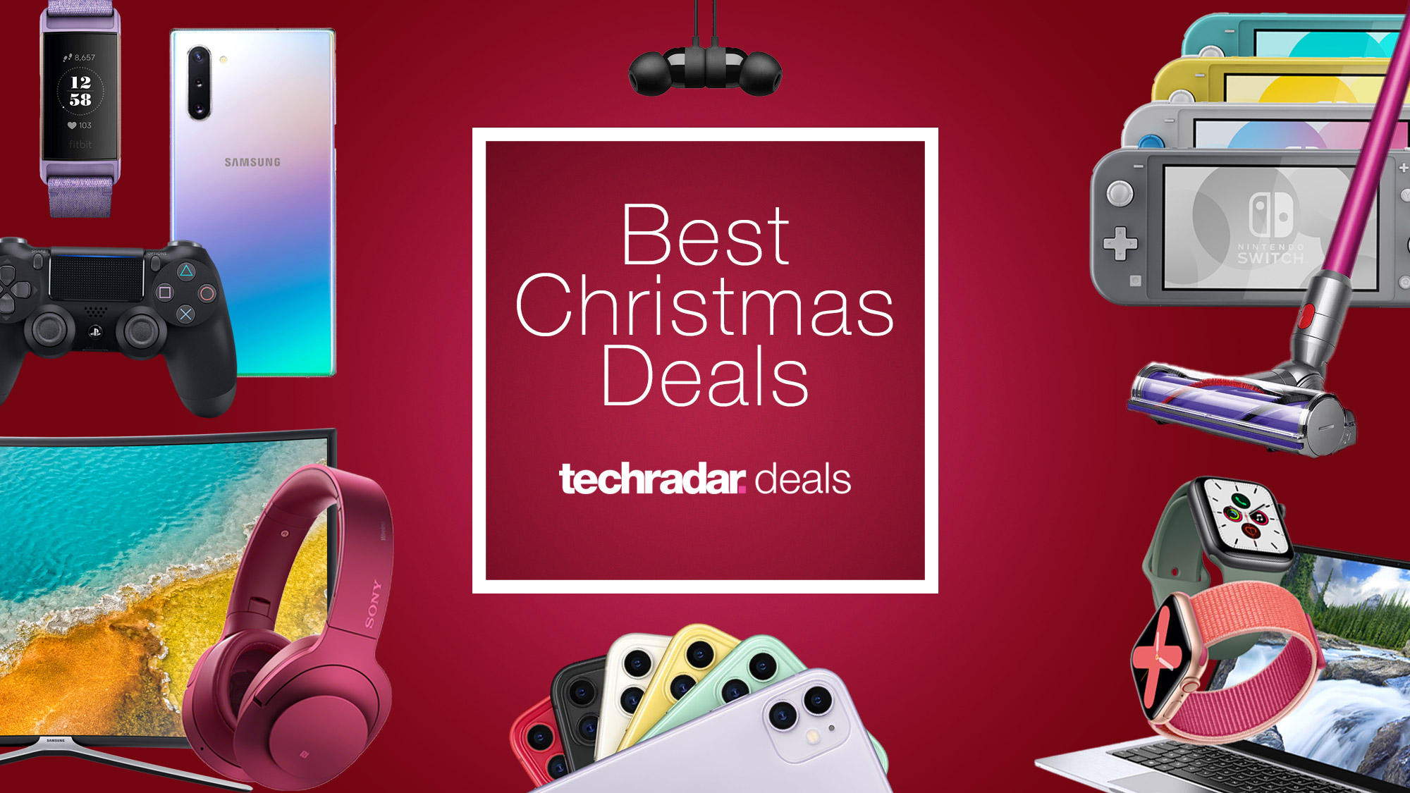 Red background, Christmas gifts around a white box saying 'Christmas deals'