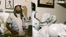 Olalekan Jeyifous at his studio, holding work in progress white busts and other sculptures