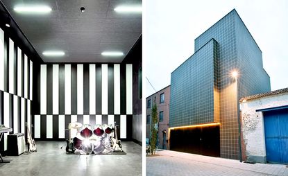 Underground studio space and exterior black granite facade of 2manydjs' recording studio home