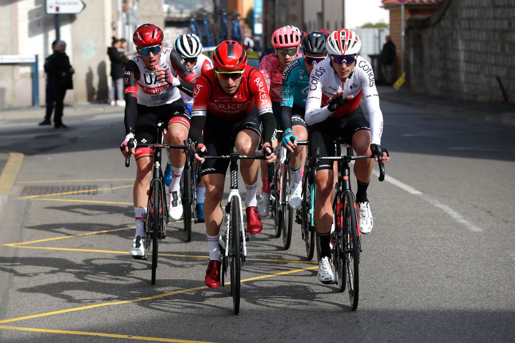 SAINTSAUVEURDEMONTAGUT FRANCE MARCH 10 LR Brandon Mcnulty of United States and UAE Team Emirates Laurent Pichon of France and Team Arka Samsic and Rubn Fernandez Andujar of Spain and Team Cofidis compete in the breakaway during the 80th Paris Nice 2022 Stage 5 a 189km stage from SaintJustSaintRambert to SaintSauveurdeMontagut on ParisNice WorldTour March 10 2022 in SaintSauveurdeMontagut France Photo by Bas CzerwinskiGetty Images