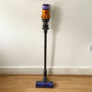 Dyson V12 Detect Slim Absolute standing against a white wall