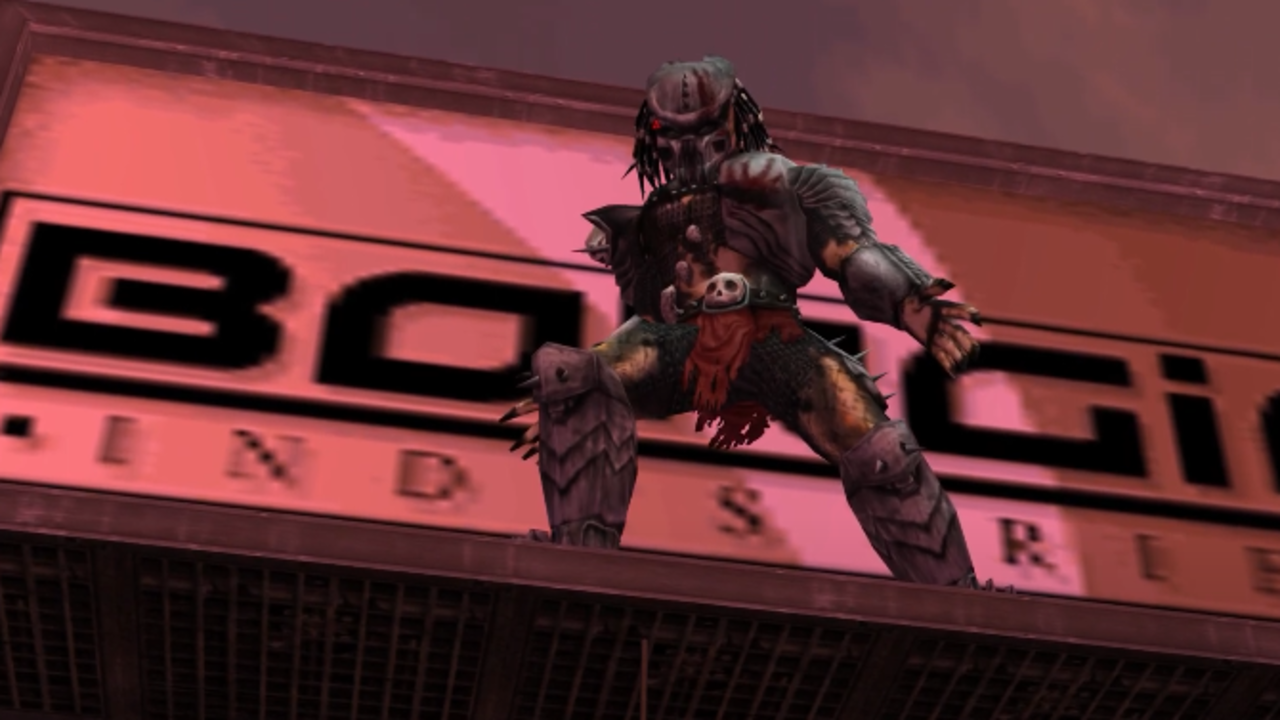 Screenshot from Predator: Concrete Jungle showing a Predator standing in front of a billboard for Borgia Industries.
