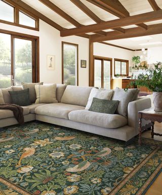 A gray sectional sofa on a green, blue, and beige area rug; in the background, white walls with exposed wooden beams.