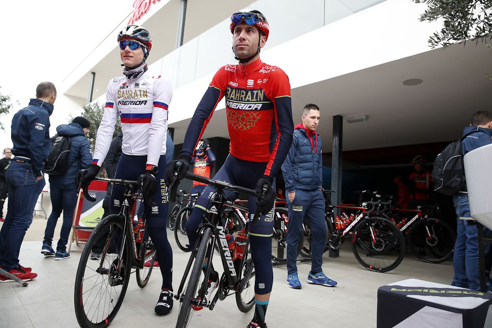 Matej Mohoric and Vincenzo Nibali get reacquainted at Bahrain-Merida team camp