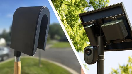 A Flock camera covered with a 3D-printed cover, next to a Flock license plate reader