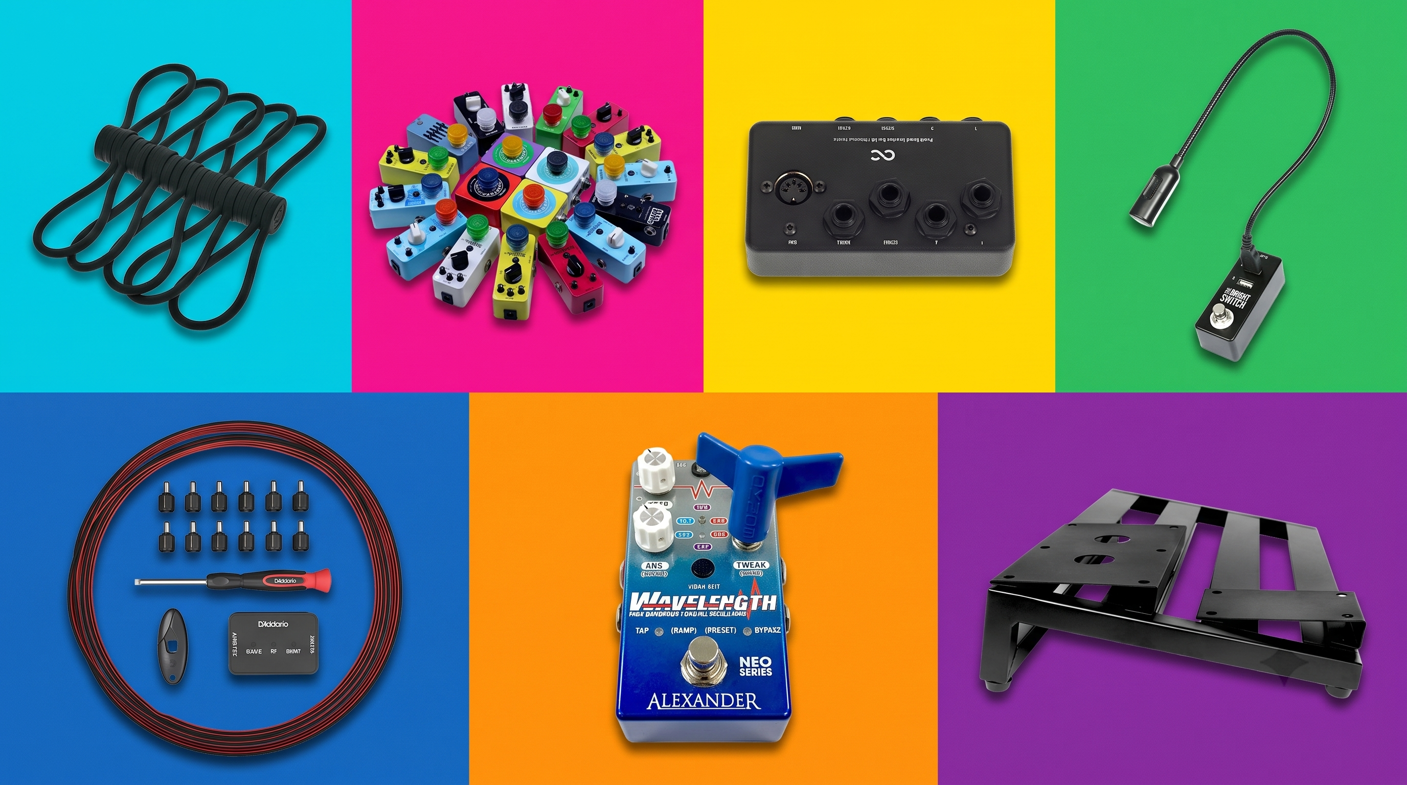 A collage of various guitar pedalboard accessories on coloured backgrounds