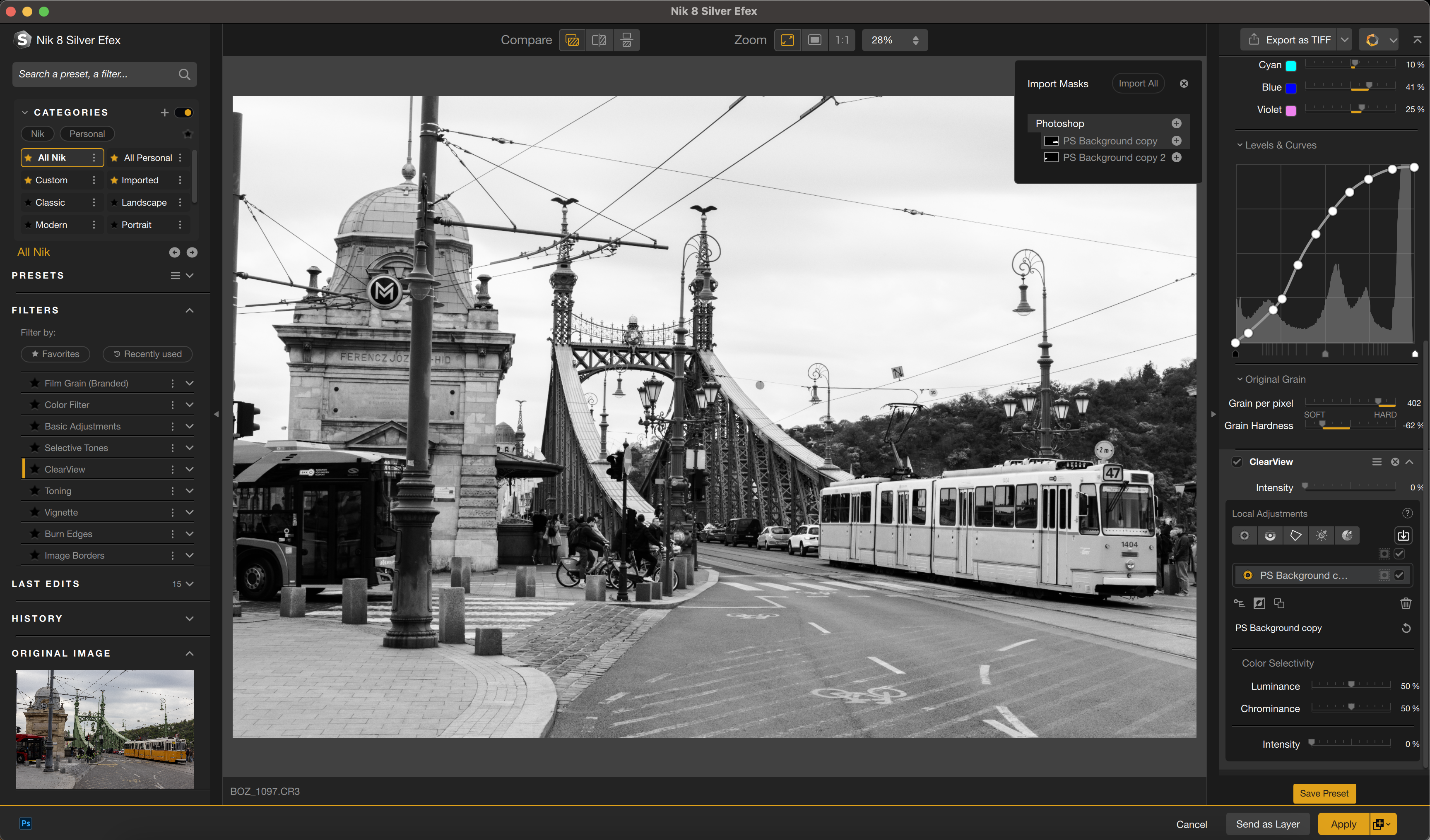 Screen shot from DxO Nik Collection 8 Silver Efex Pro, showing black-and-white image of a bridge and tram