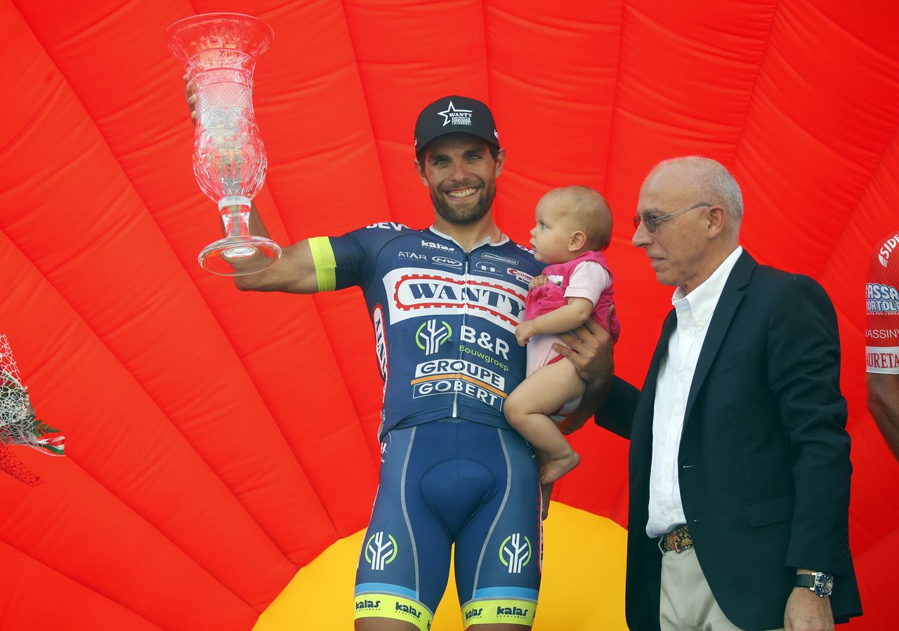 Andrea Pasqualon (Wanty-Groupe Gobert) on the Coppa Sabatini podium.
