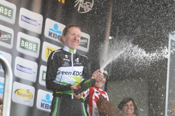 She has done this before... Judith Arndt (GreenEdge-AIS) lets rip with the champagne