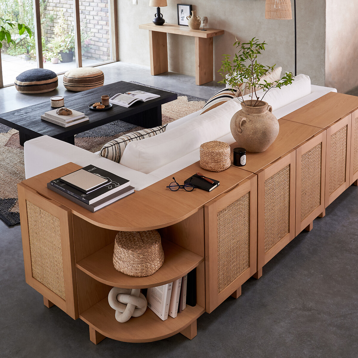 LA REDOUTE INTERIEURS, Arty Sofa Back Shelf in Oak, Veneer, and Rattan Cane
