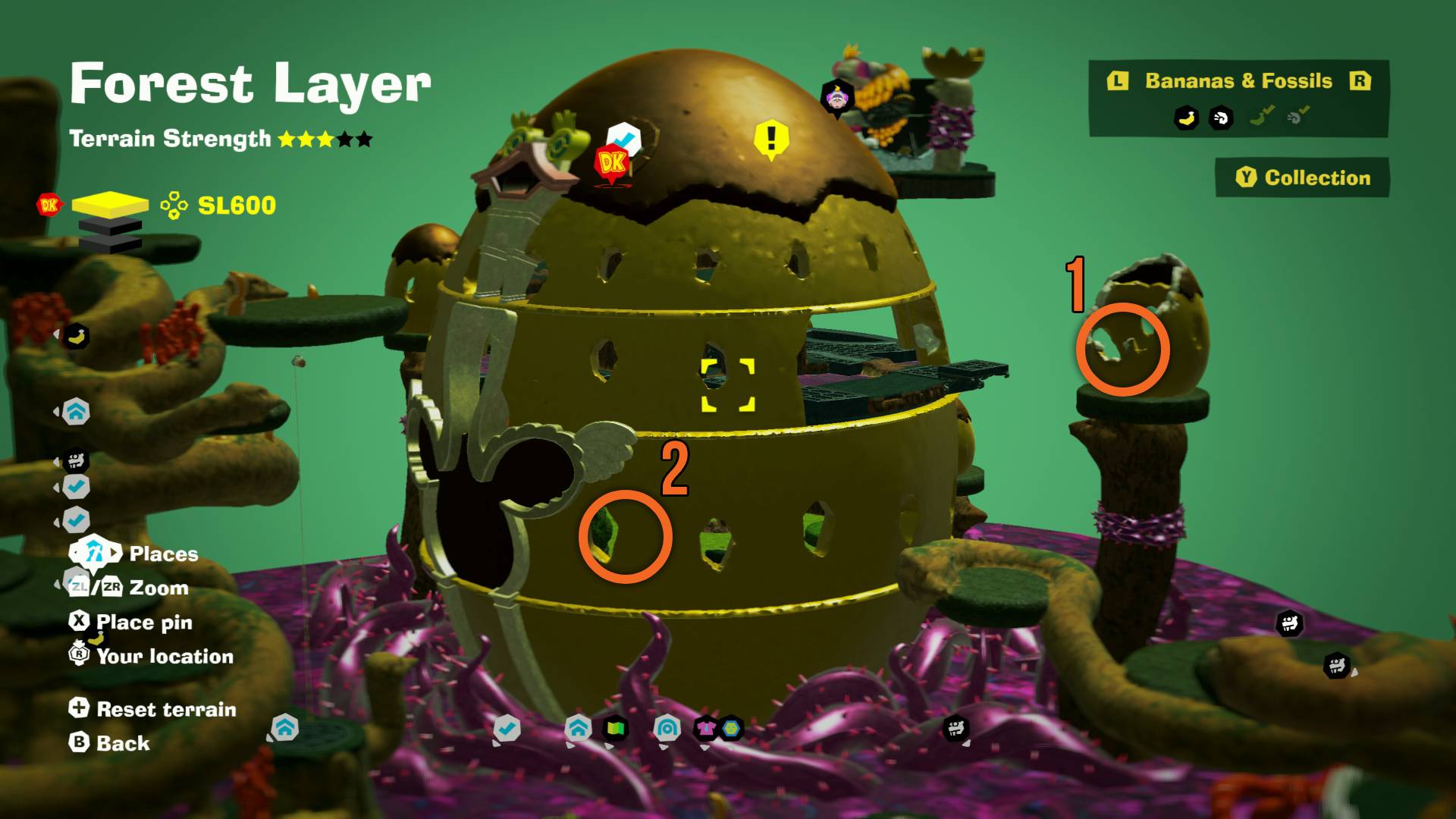 Donkey Kong Bananza Ostrich Bananza ancient record piece map of eggshell hotel in Forest Layer