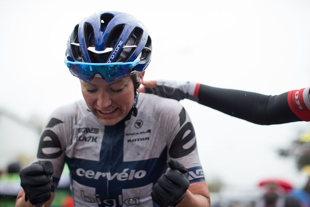 Lotta Lepist&ouml; (FIN) of Cerv&eacute;lo-Bigla Cycling Team celebrates her win of the first, 106.9km road race stage of Elsy Jacobs