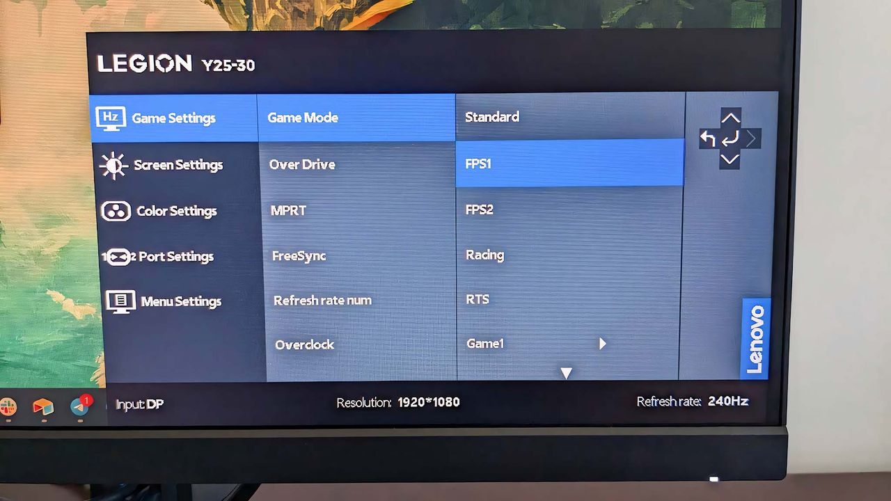 Lenovo Legion Y25-30 settings.