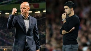 Komposittbilde av Erik ten Hag og Mikel Arteta på sidelinjen før Manchester United vs. Arsenal 