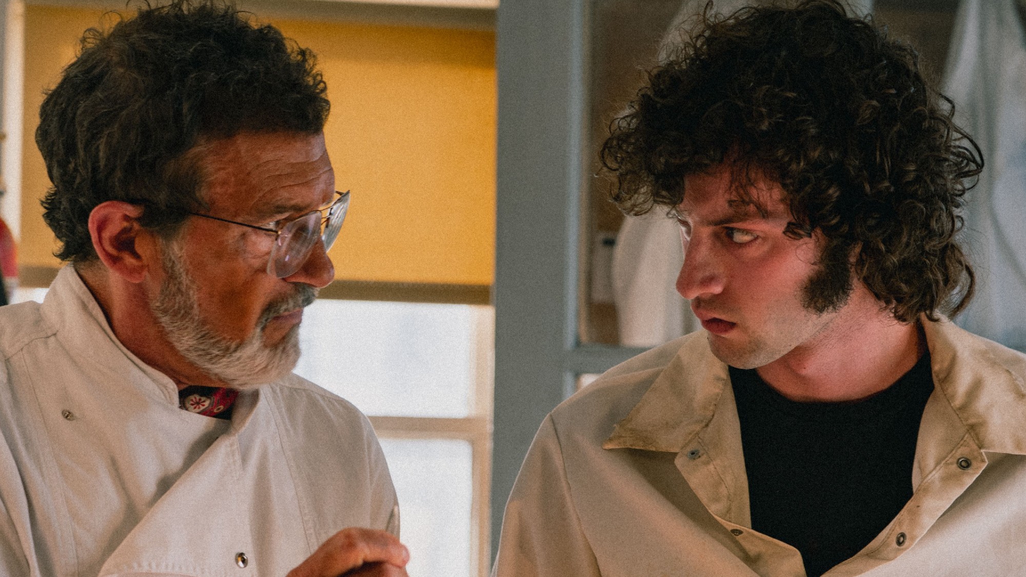 Antonio Banderas on the left, talking to Dominic Sessa in Tony