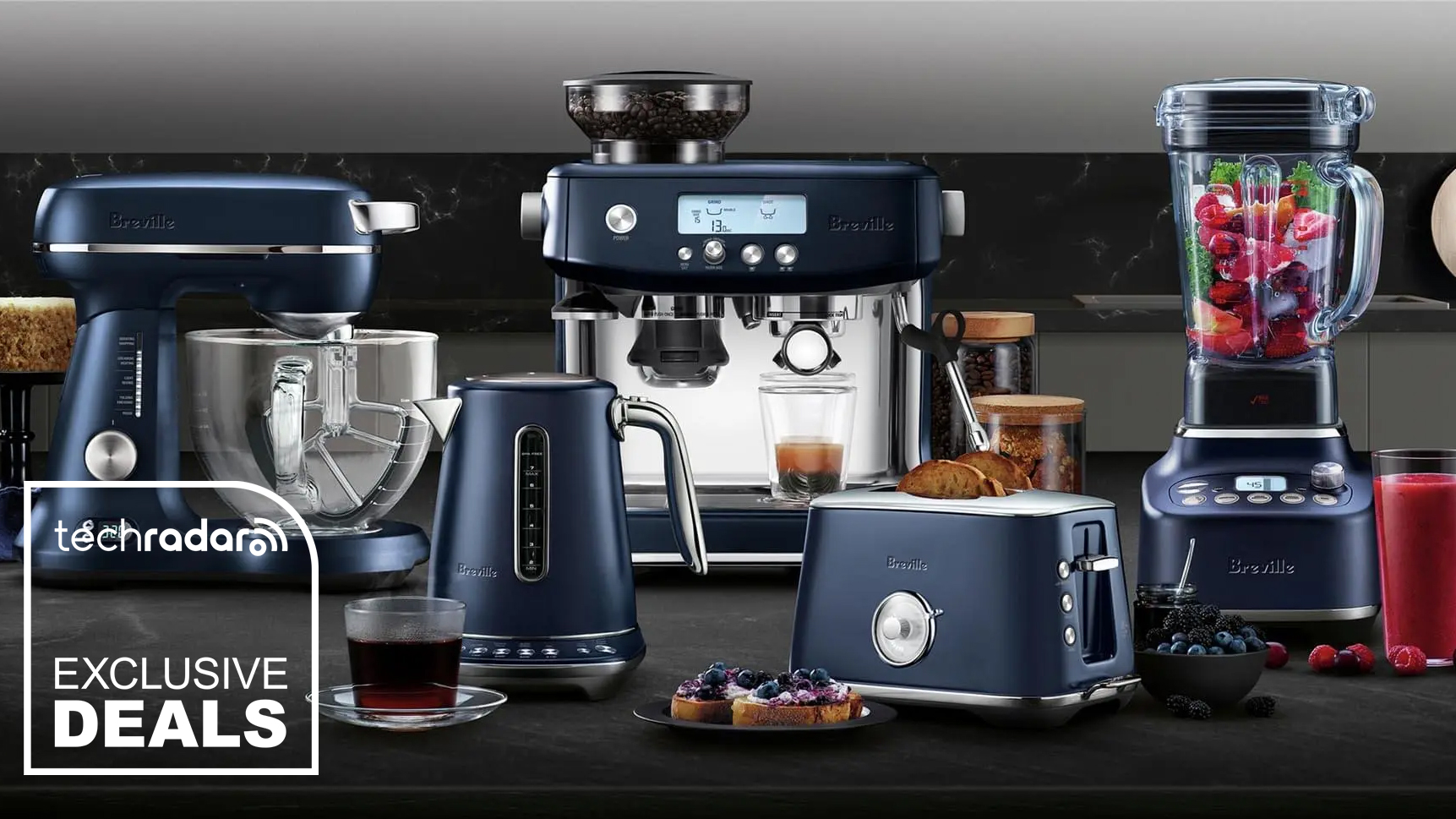 A range of Breville appliances in blue with a TechRadar exclusive deals label
