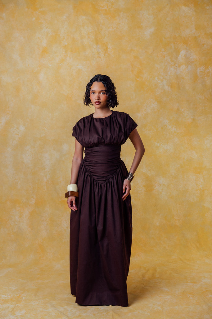 Adesuwa Ruched Cotton Long Dress - Chocolate Brown