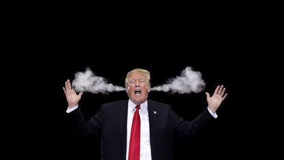 Trump stands angrily with his hands in the air and steam bursting out of his ears