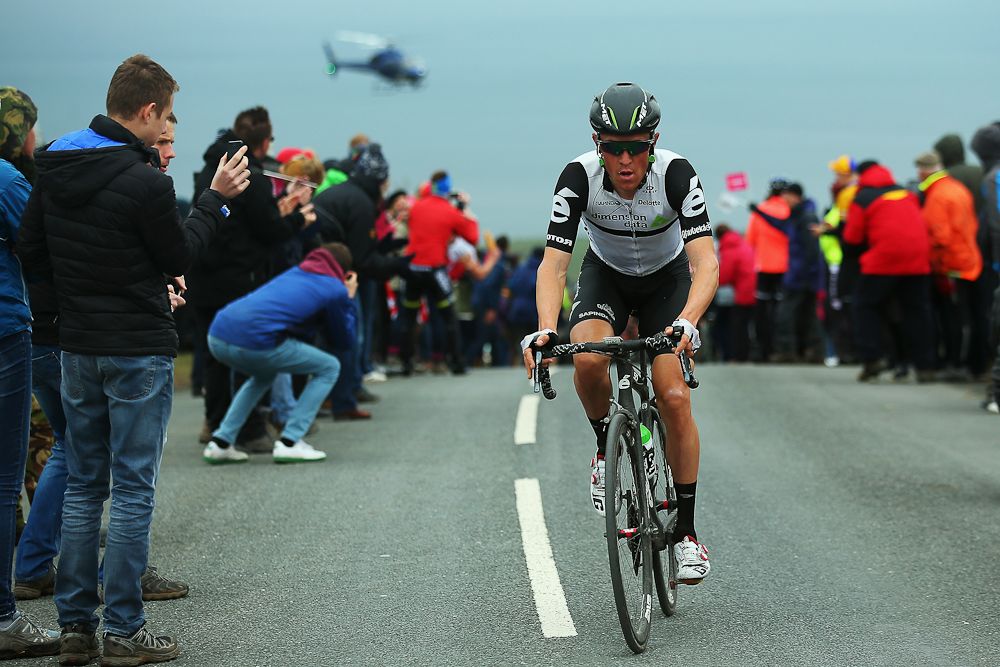 Serge Pauwels of Belgium and Team Dimension Data leads the climb out of Robin Hood's Bay on stage three of the 2016 Tour de Yorkshire