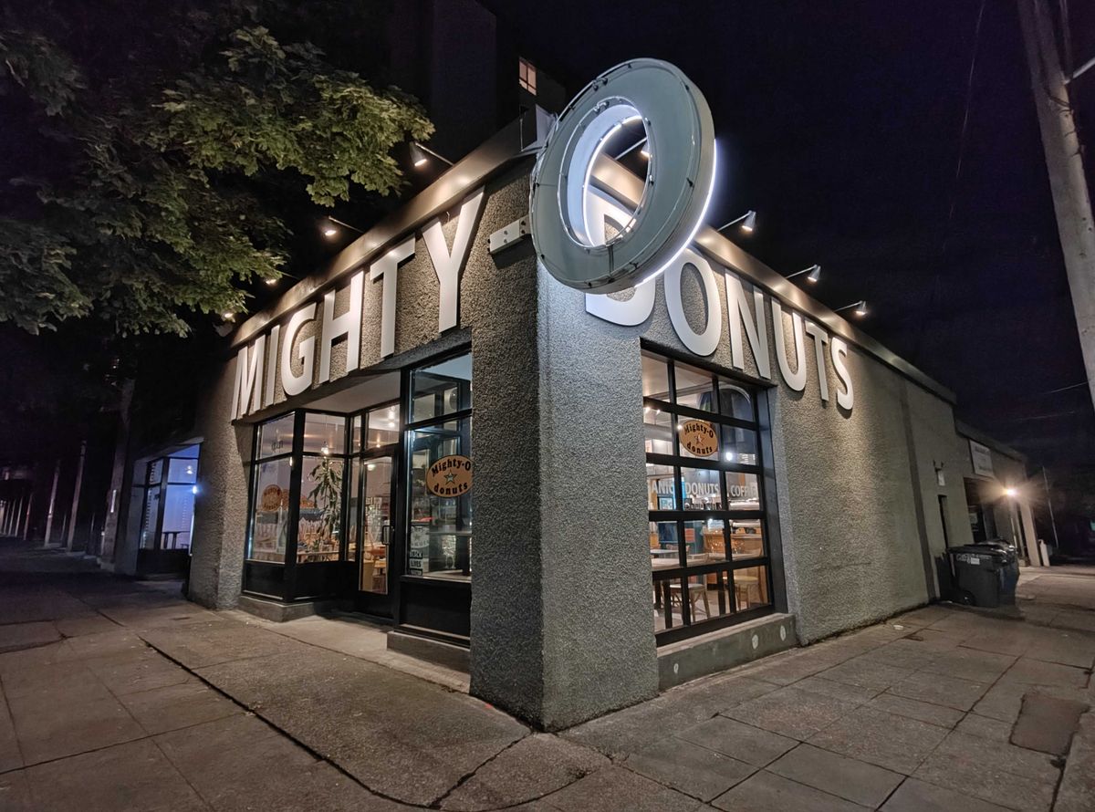 A donut shop at night