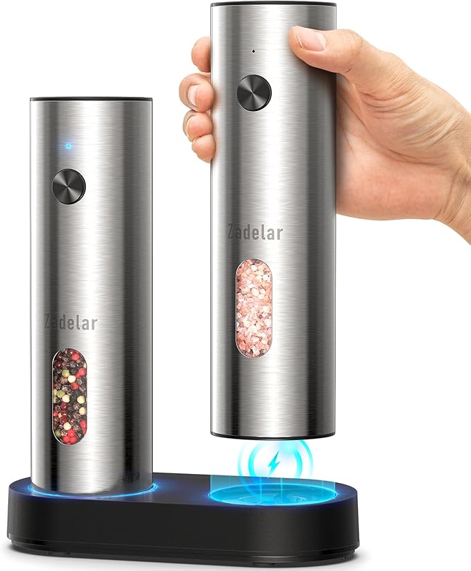 Zadelar, Salt and Pepper Grinder Set Electric,rechargeable Salt and Pepper Shakers Stainless Steel With Usb C Dual Charging Base,upgraded Large Capacity,adjustable Coarseness,led Light,ideal for Mom