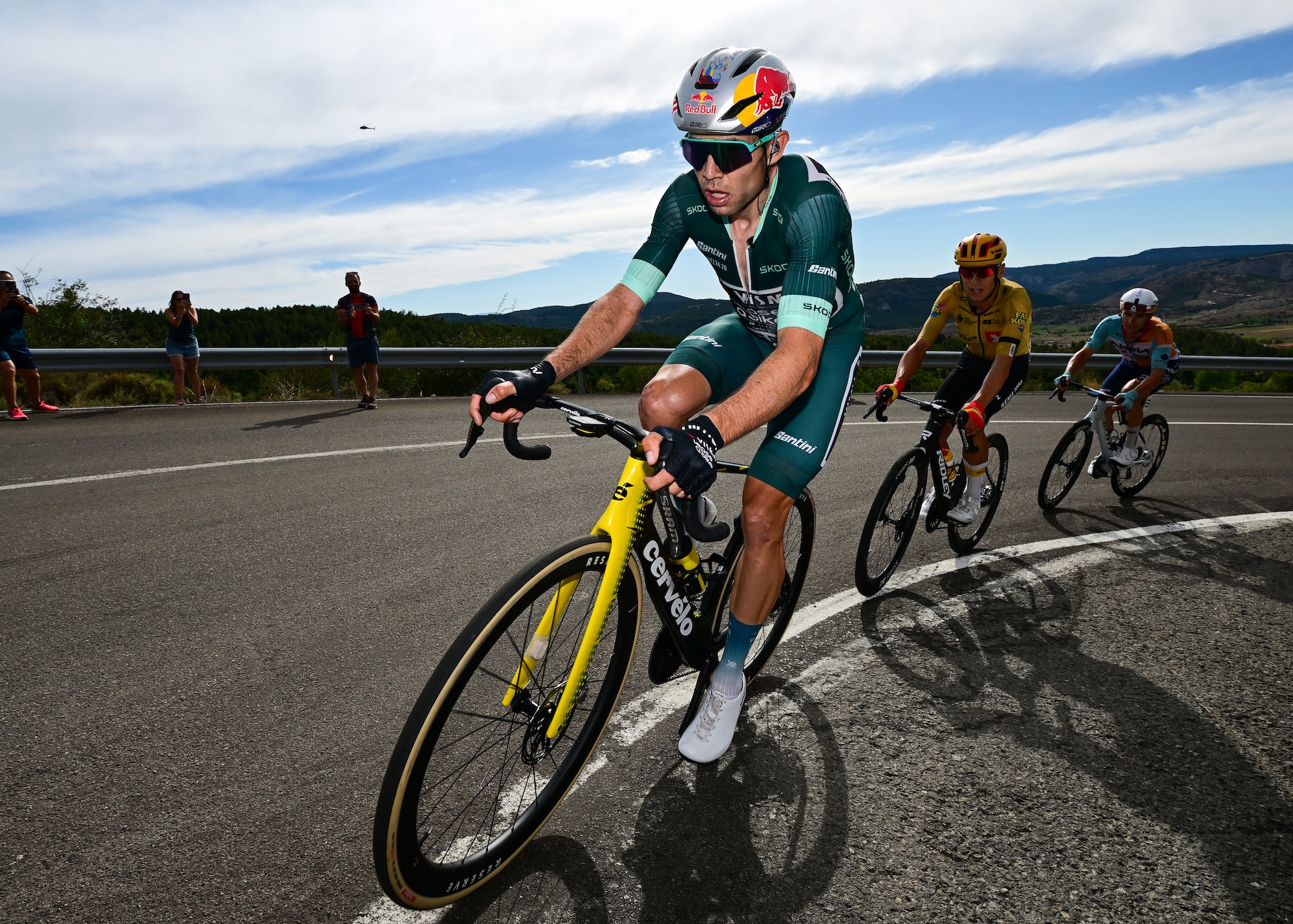 ARAMON VALDELINARES, SPAIN - AUGUST 29: Wout Van Aert of Belgium and Team Visma | Lease a Bike - Green Points Jersey leads the breakaway during the La Vuelta - 81st Tour of Spain 2026, Stage 7 a 149.48m stage from Vall d'Alba to Aramon Valdelinares 1965m / #UCIWT / on August 29, 2026 in Aramon Valdelinares, Spain. (Photo by Tim de Waele/Getty Images)