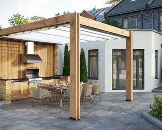 An outdoor kitchen with wooding pergola, white awning and cement effect outdoor tile decor
