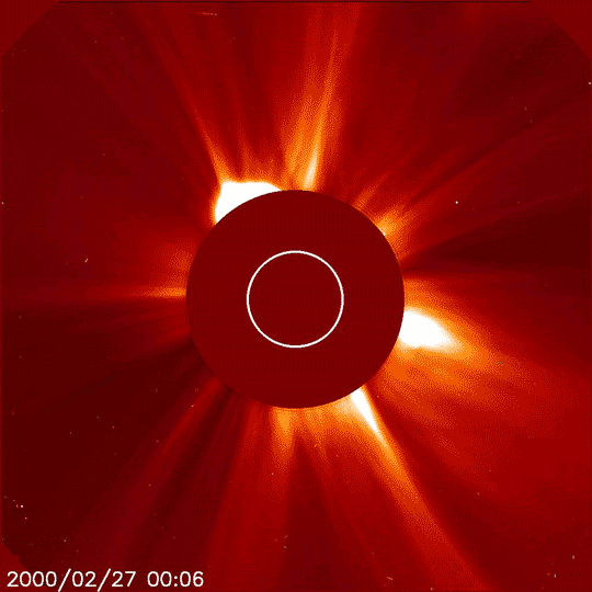 The sun's outer atmosphere, called the corona, ejected streams of material in February 2000, as imaged by NASA's Solar and Heliospheric Observatory (SOHO).