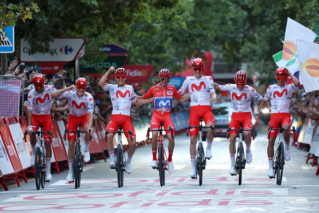 GRANADA, SPAIN - SEPTEMBER 13: Final overall winner, Enric Mas of Spain - Red Leader Jersey, Jorge Arcas of Spain, Orluis Aular of Venezuela, Carlos Canal of Spain, Pablo Castrillo of Spain, Raul Garcia Pierna of Spain, Ivan Romeo of Spain and Movistar Team celebrate at finish line after the La Vuelta - 81st Tour of Spain 2026, Stage 21 a 112km stage from Granada to Granada / #UCIWT / on September 13, 2026 in Granada, Spain. (Photo by Alexander Hassenstein/Getty Images)