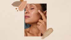an image of a woman applying foundation to her face on a nude background